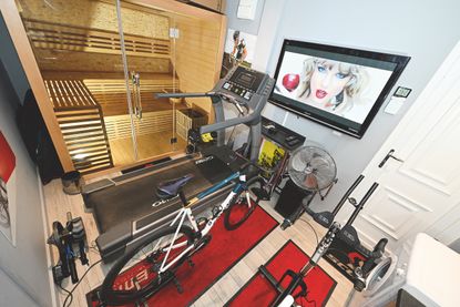 The training space, showing the bike and the sauna